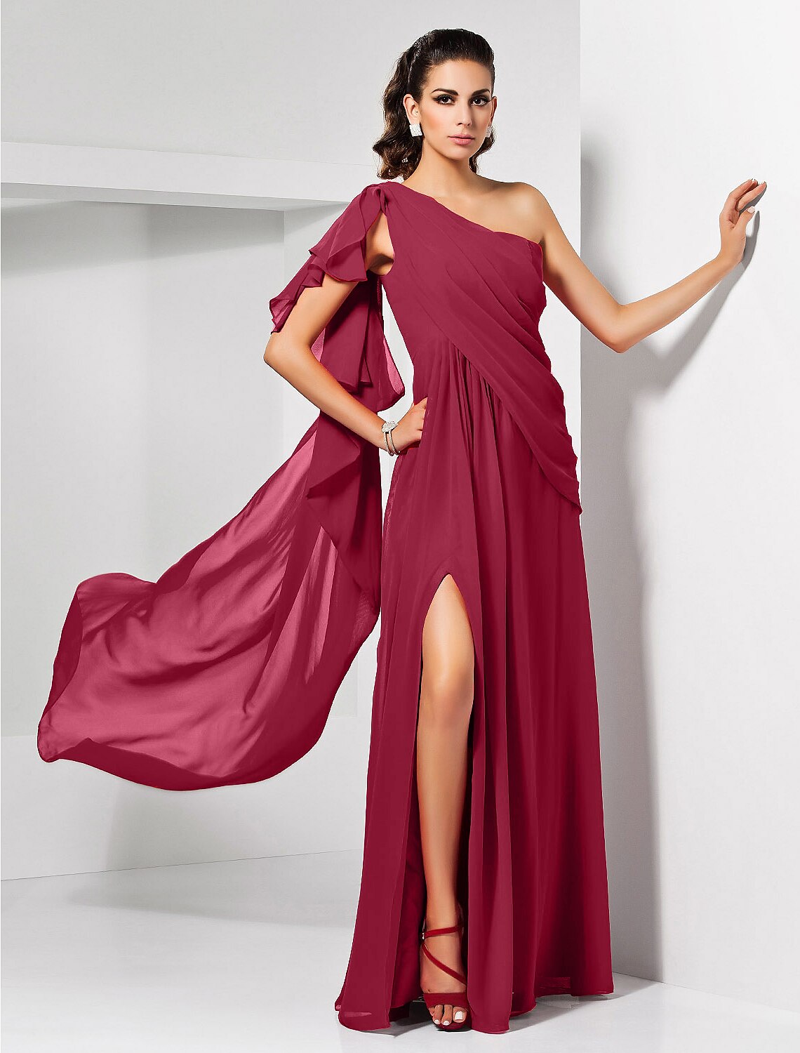Red Chiffon A-Line Floor-Length Dress with One Shoulder & High Slit