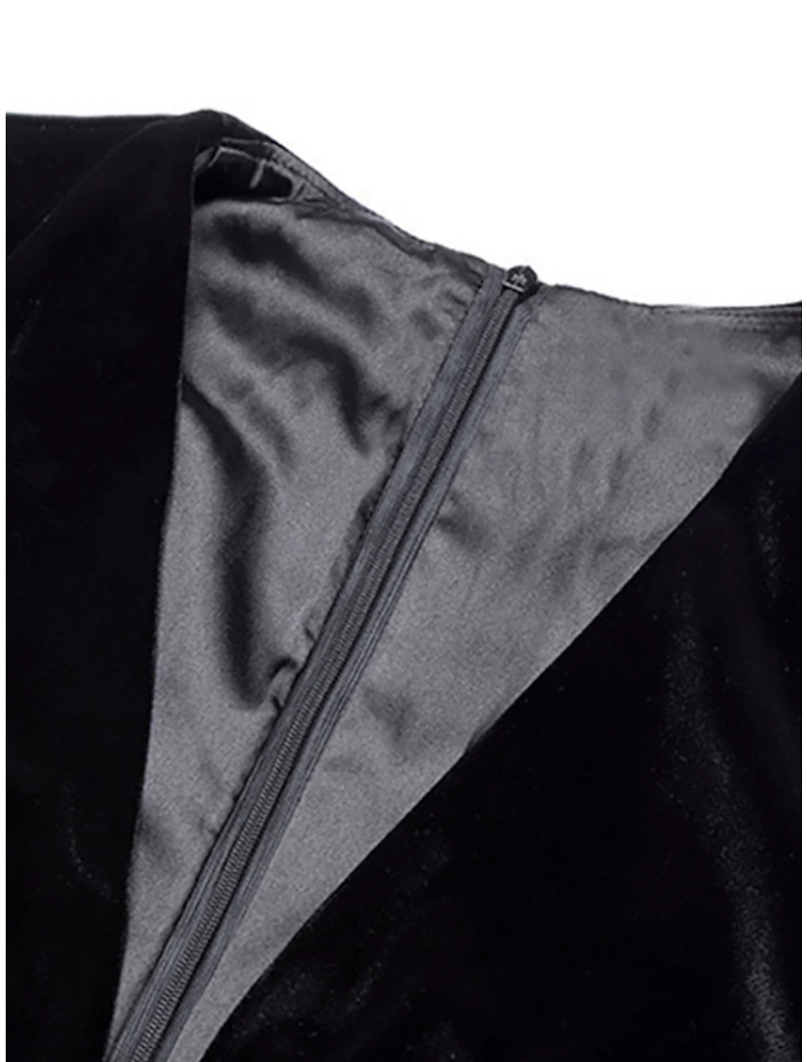 Abito da sera a trapezio, elegante, formale, nero, lungo, manica lunga, scollo a V, in velluto, con bottoni e spacco 2025