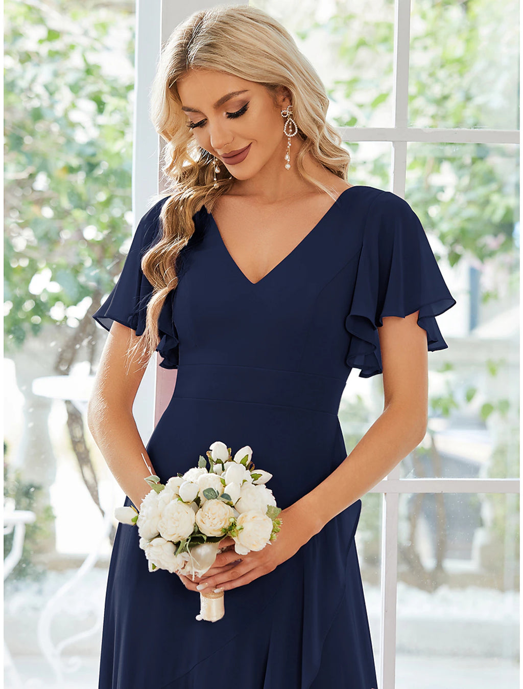 Dark Navy Chiffon A-Line Asymmetrical Bridesmaid Dress with Flutter Sleeves & V-Neck