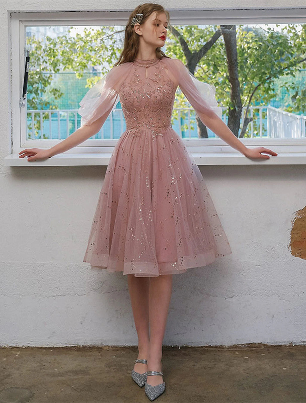 Vestido de cóctel de corte A, vestido de fiesta, graduación, compromiso, largo hasta la rodilla, manga 3/4, cuello joya, tul con apliques de lentejuelas