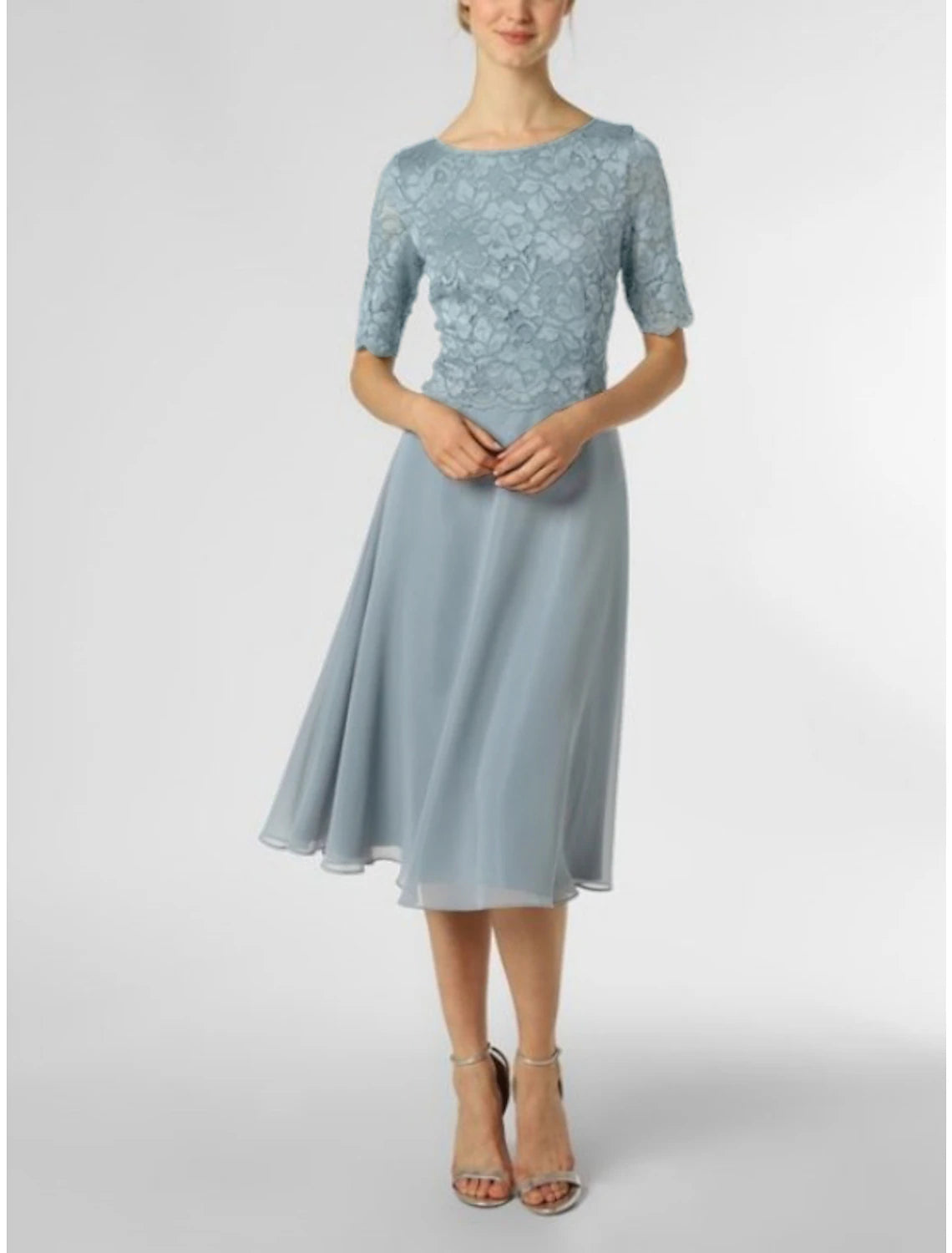 Abito da cerimonia per la madre della sposa, a trapezio, elegante, in chiffon, con scollo a barchetta, lunghezza al ginocchio, manica corta, pieghe, tinta unita