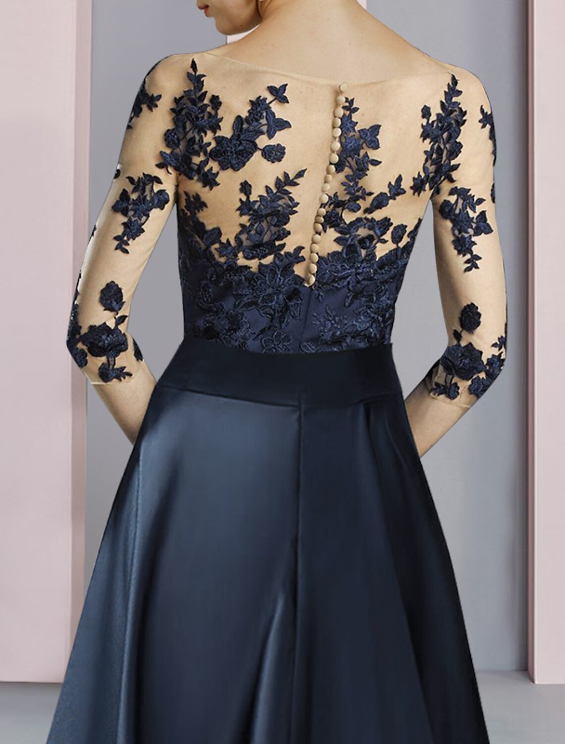 Dark Navy Satin A-Line Tea-Length Dress with Illusion Lace Bodice and Bow Waist