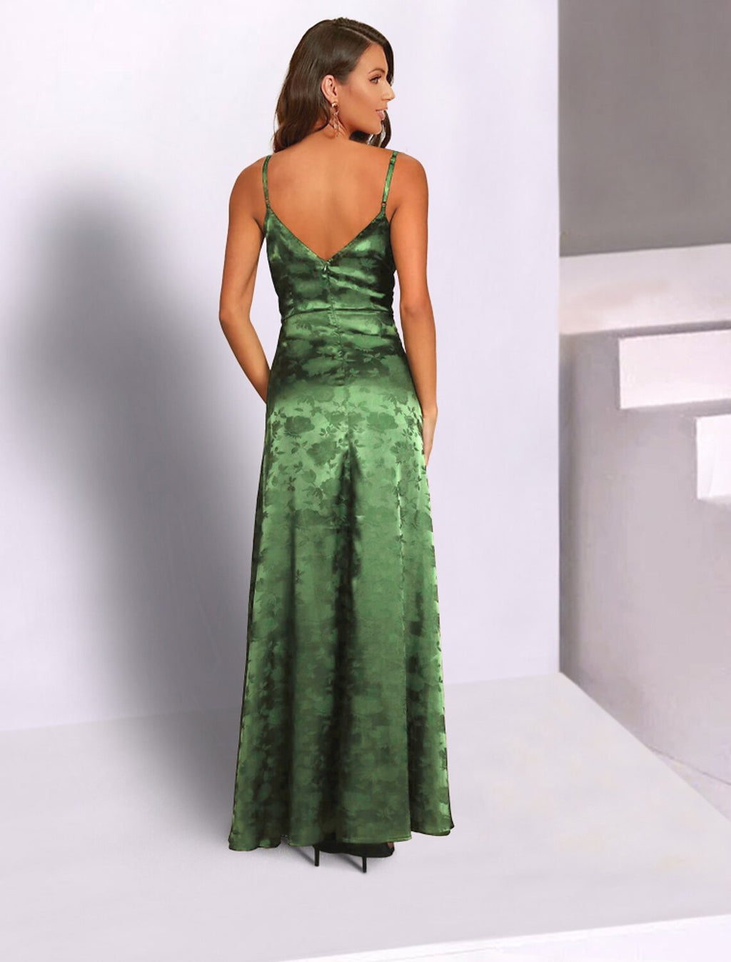Green Satin A-Line Floor-Length Cowl Neck Low Back Gown