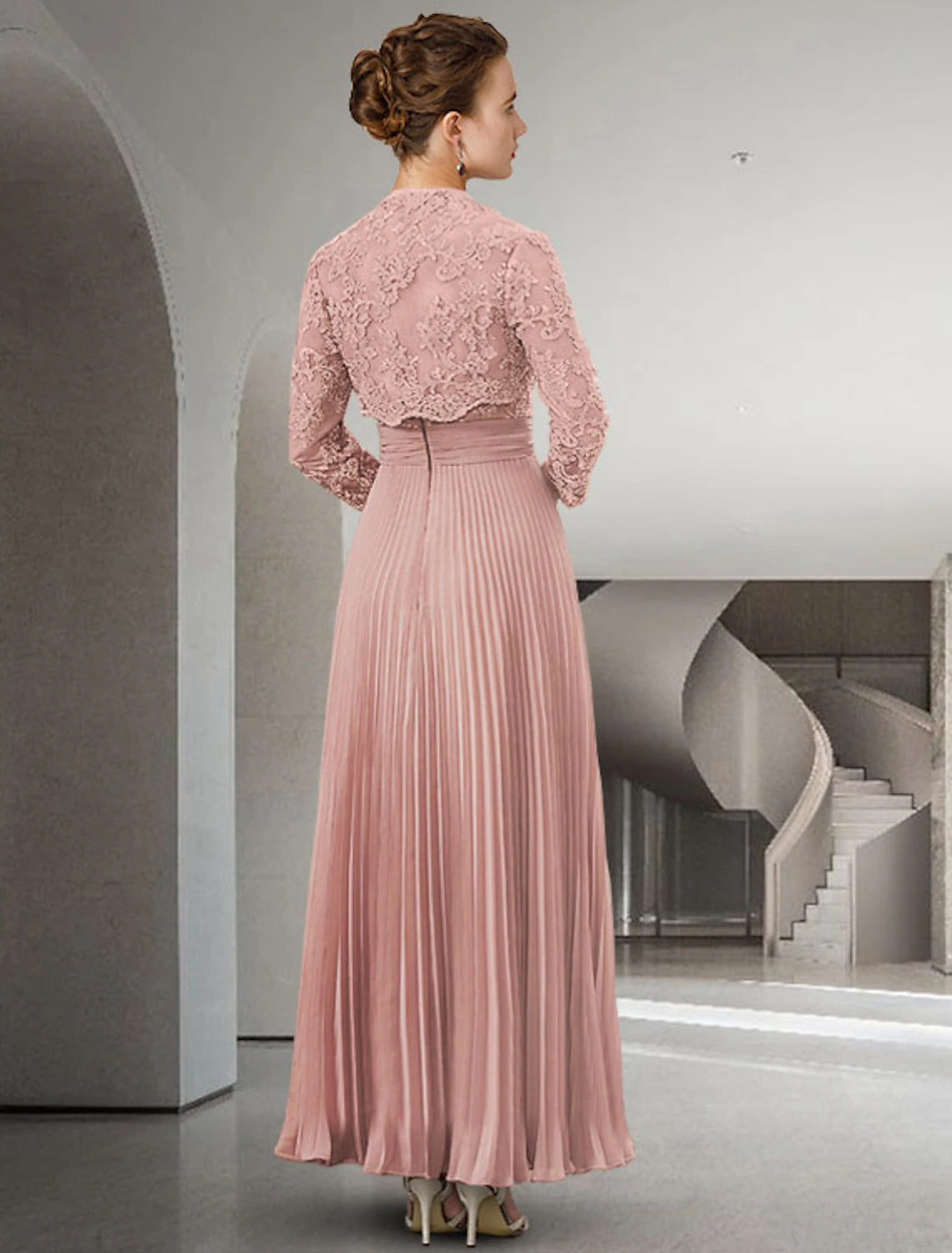 Abito da sposa a trapezio in due pezzi, elegante, con scollo a cuore, lunghezza pavimento, in chiffon, pizzo, maniche lunghe, con pieghe applicate
