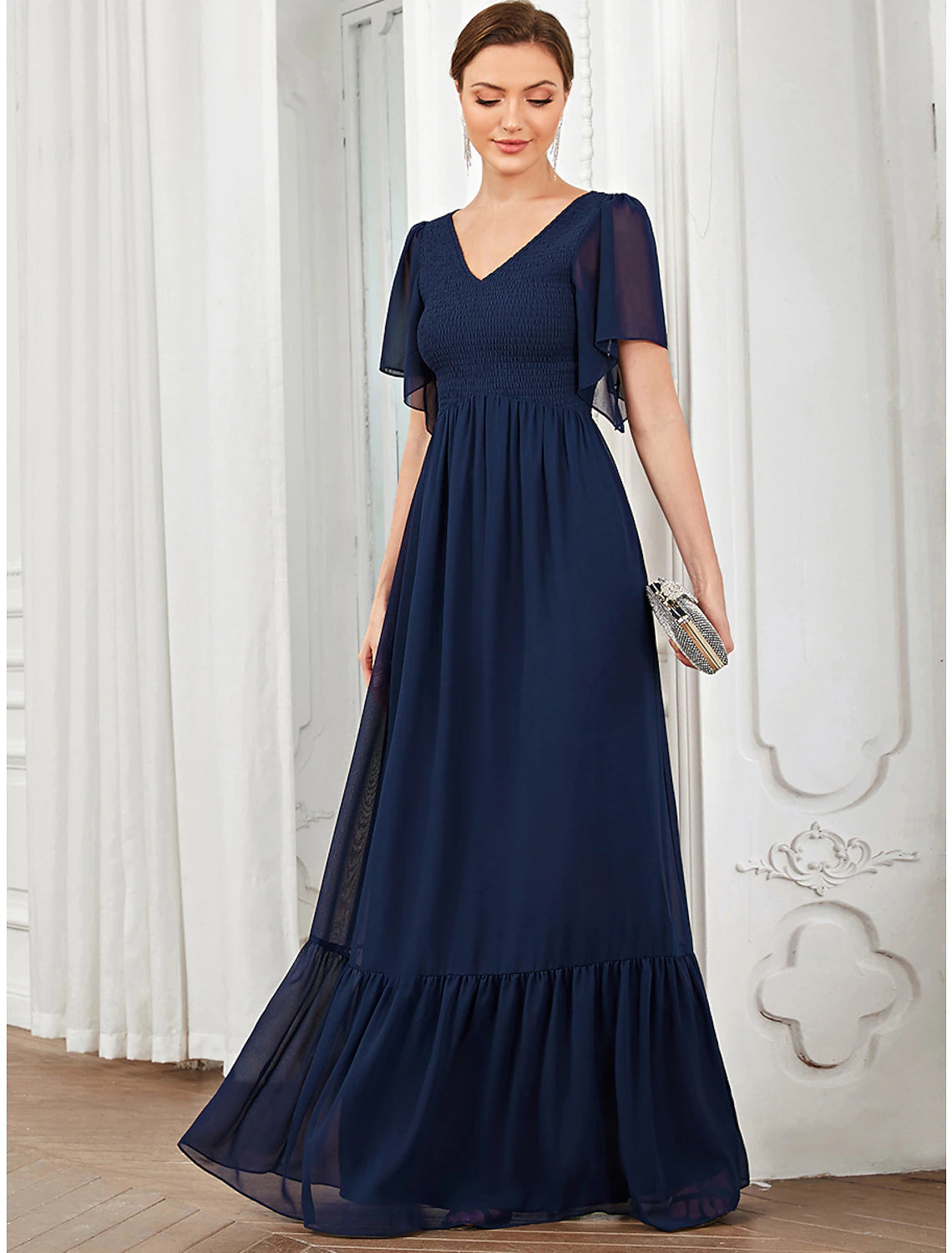 Burgundy Chiffon A-Line Floor-Length Dress with V-Neckline, Smocked Bodice & Ruffled Hem