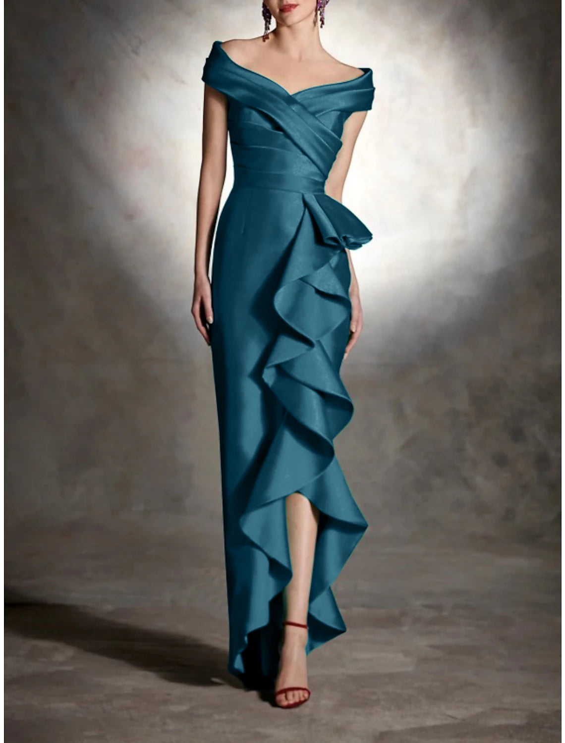 Sheath Formal Dress Cocktail Dresses Christmas Red Green Dress Vintage Dress Formal Wedding Guest Asymmetrical Sleeveless Off Shoulder Satin with Ruffles 2025