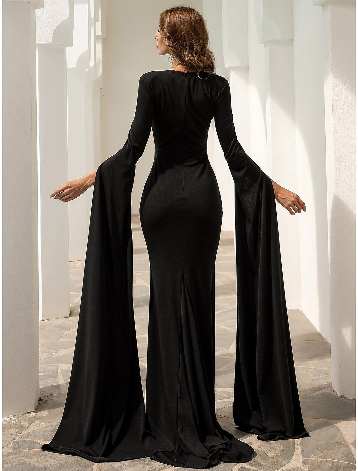 Black Crepe Mermaid Floor-Length Gown with Keyhole Neck & Dramatic Cape Sleeves