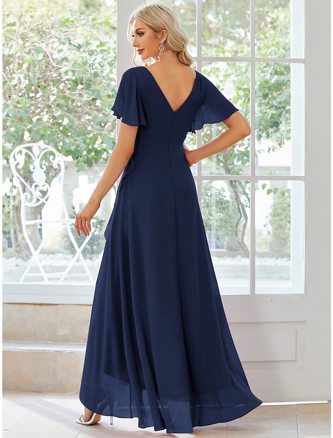 Dark Navy Chiffon A-Line Asymmetrical Bridesmaid Dress with Flutter Sleeves & V-Neck
