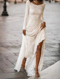 Ivory Lace A-Line High-Low Dress with Boat Neck and Lace Overlay