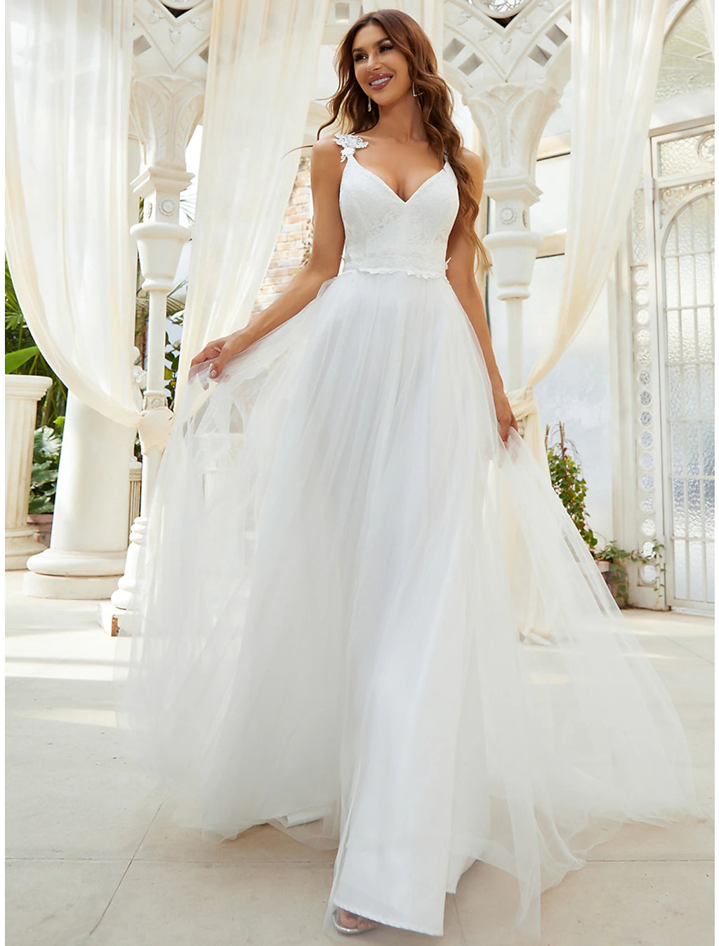 Vestidos de novia informales de recepción, corte A, escote en V, tirantes finos, cola larga de tul con apliques de cristales, para bodas de verano, ropa de mujer.