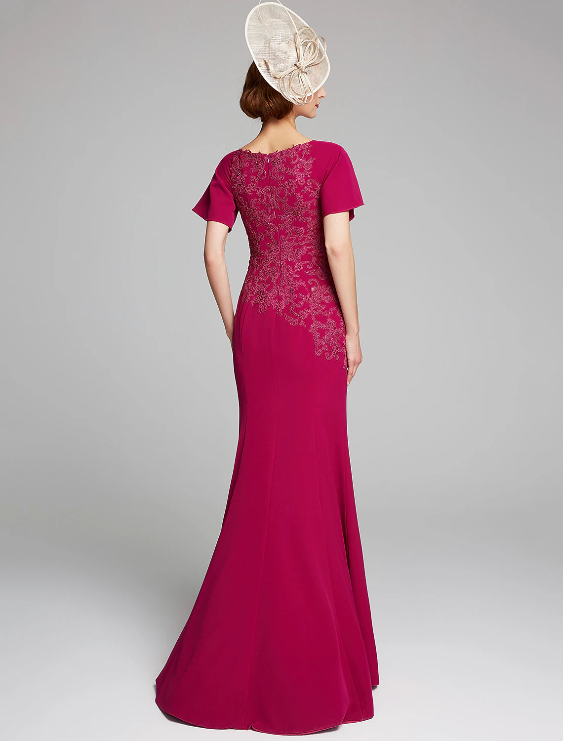 Vestido de sirena/trompeta para madre de la novia, cuello barco, largo hasta el suelo, de gasa, con encaje, manga corta y abertura frontal de encaje