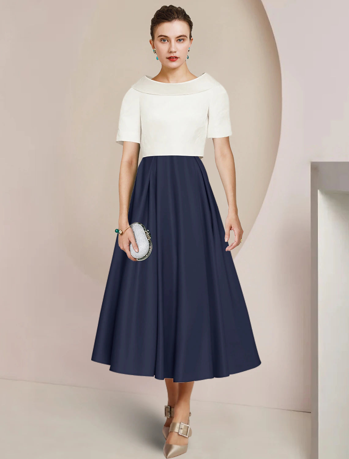 Abito da cerimonia per la madre della sposa, a trapezio, elegante, con scollo a barchetta, lunghezza tè, in raso, maniche corte, con pieghe, color block