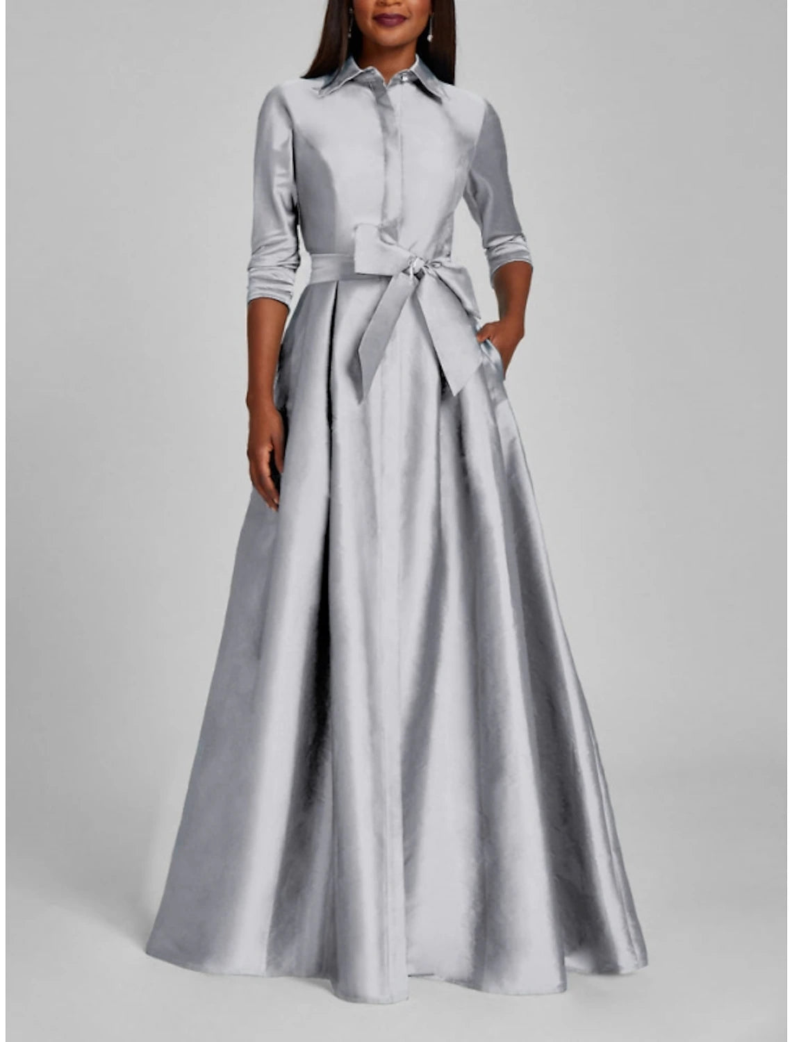 Vestido de noche de satén corte A, minimalista, dorado champán, negro, navideño, rojo y verde, formal, otoño, largo hasta el suelo, media manga, cuello camisero con lazo(s), pliegues, 2025