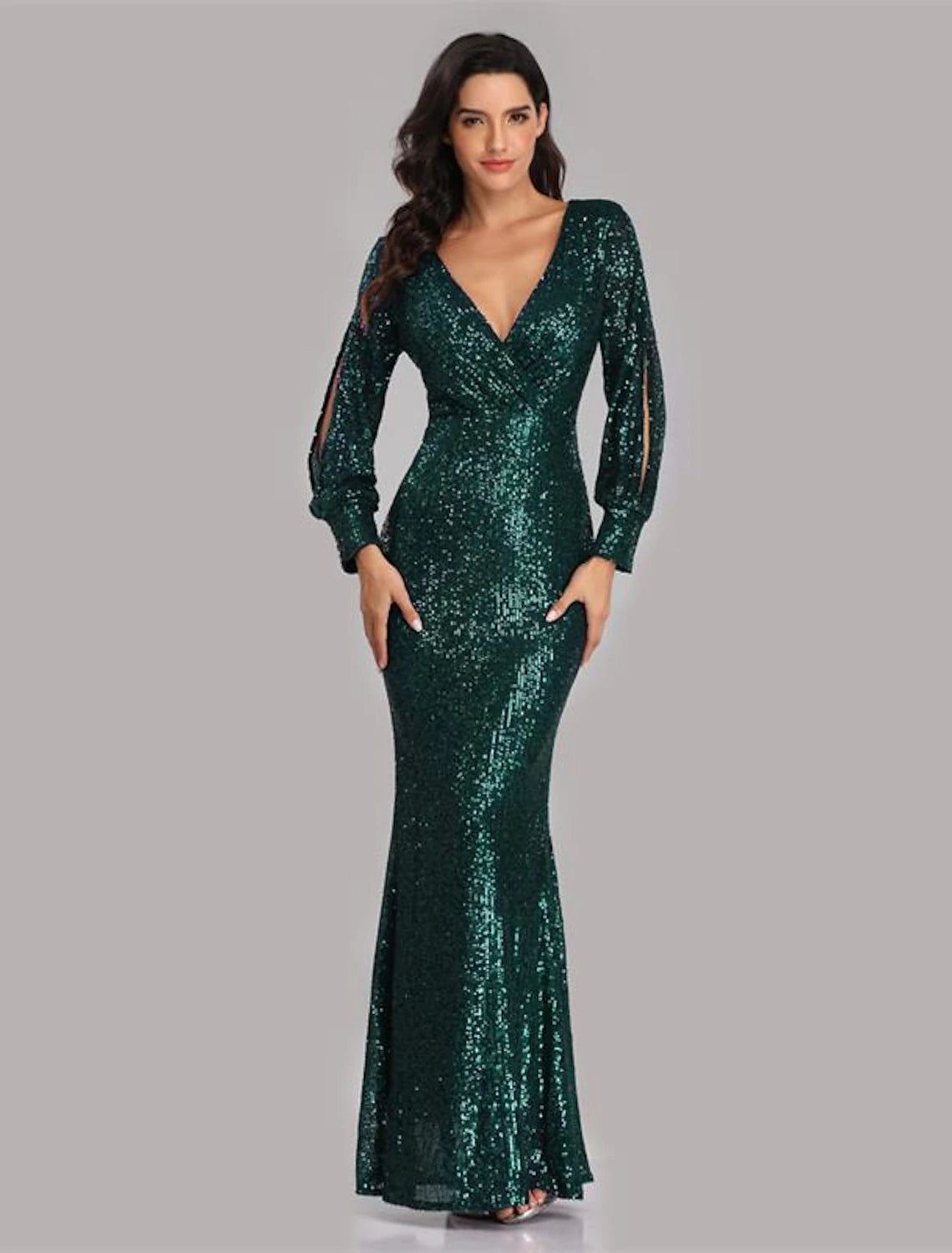 Vestido de noche de sirena/trompeta, brillante, para fiesta, para invitada de boda, largo hasta el suelo, manga larga, cuello en V, con lentejuelas
