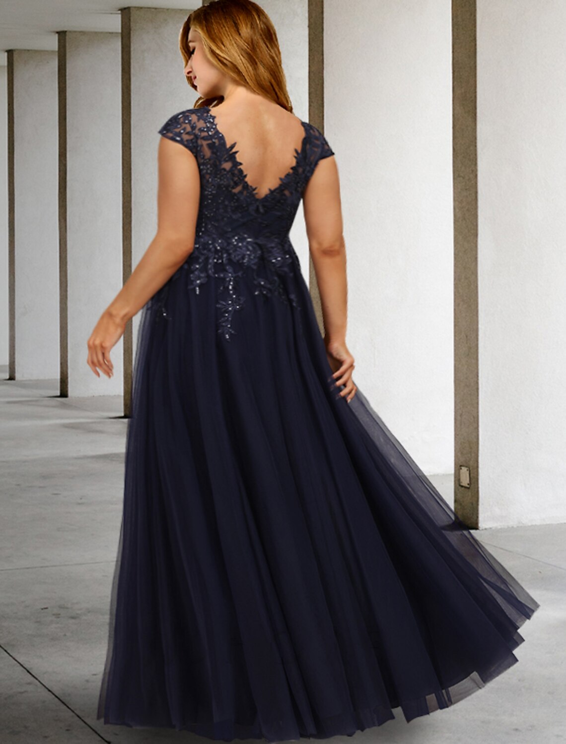 Dark Navy Tulle A-Line Floor-Length Evening Dress with Lace Appliques & Cap Sleeves
