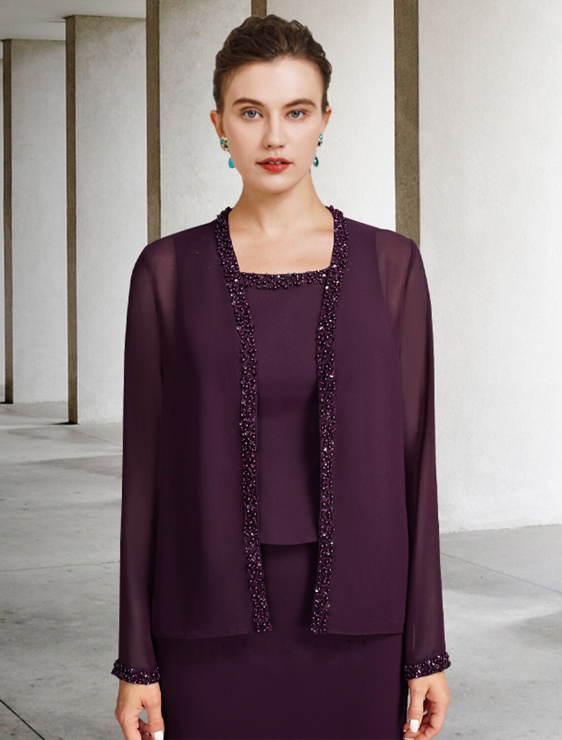 Vestido de madre de la novia de dos piezas, corte en A, talla grande, elegante, escote cuadrado, largo hasta los tobillos, de gasa, sin mangas, con chaqueta cruzada incluida, vestidos con capas de abalorios de perlas