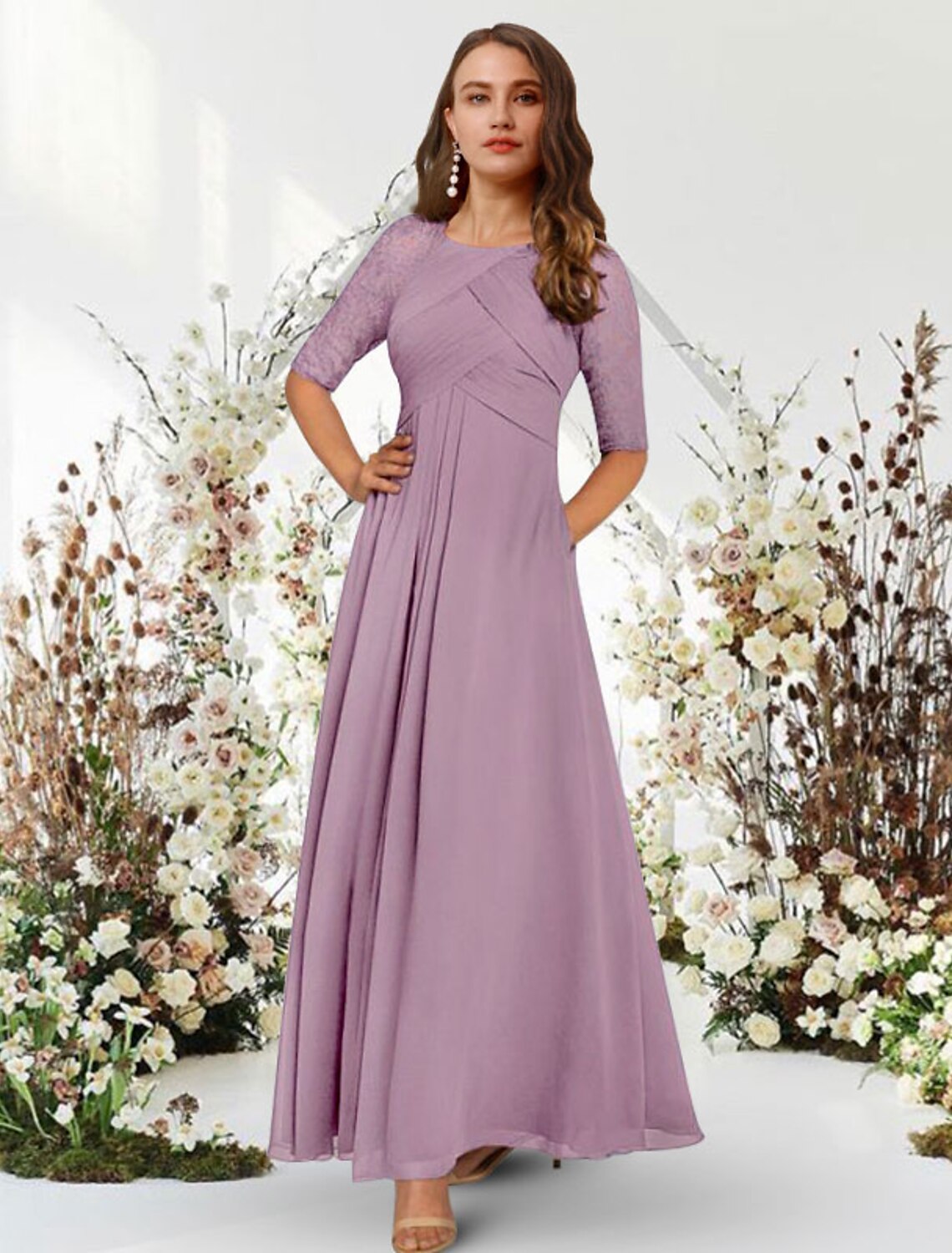 Dusty Rose Chiffon A-Line Floor-Length Bridesmaid Dress with Lace Sleeves