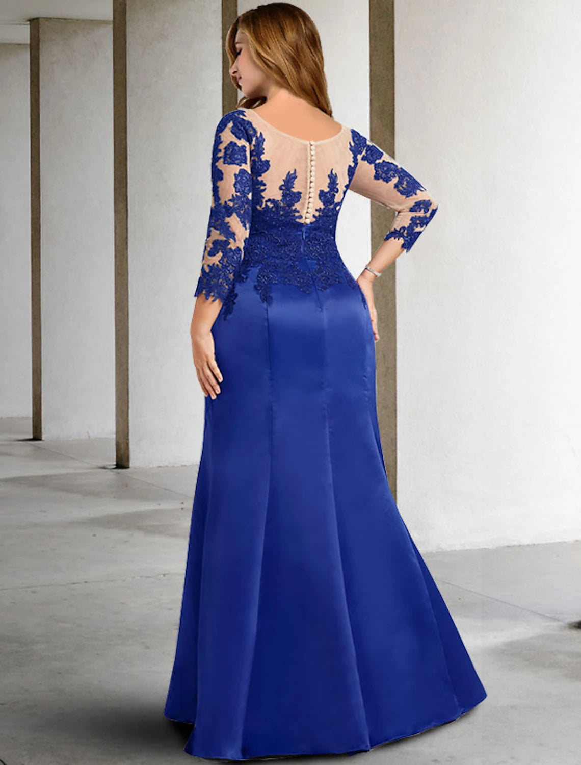 Vestido de sirena/trompeta para madre de la novia, talla grande, con vientre oculto, elegante, cuello joya, largo hasta el suelo, gasa, encaje, manga 3/4, sin apliques