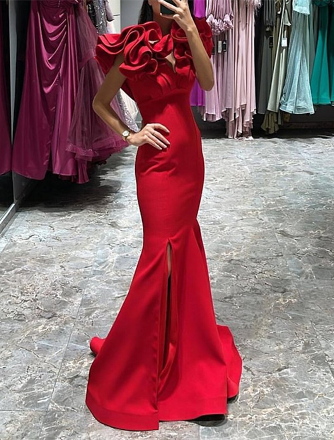 Vestido de noche estilo celebridad, estilo sirena/trompeta, para Navidad, con cola larga y escote en V, de satén con abertura.