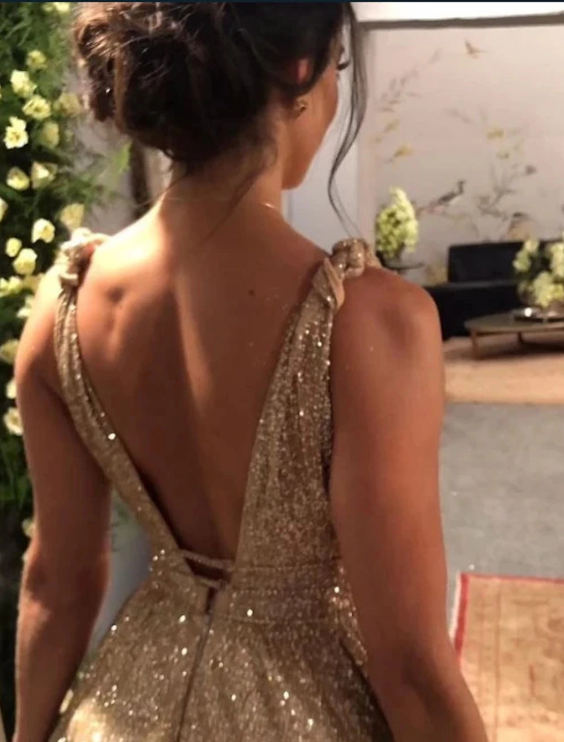 Gold Glitter A-Line Floor-Length Evening Dress with V-Neck & V-Back