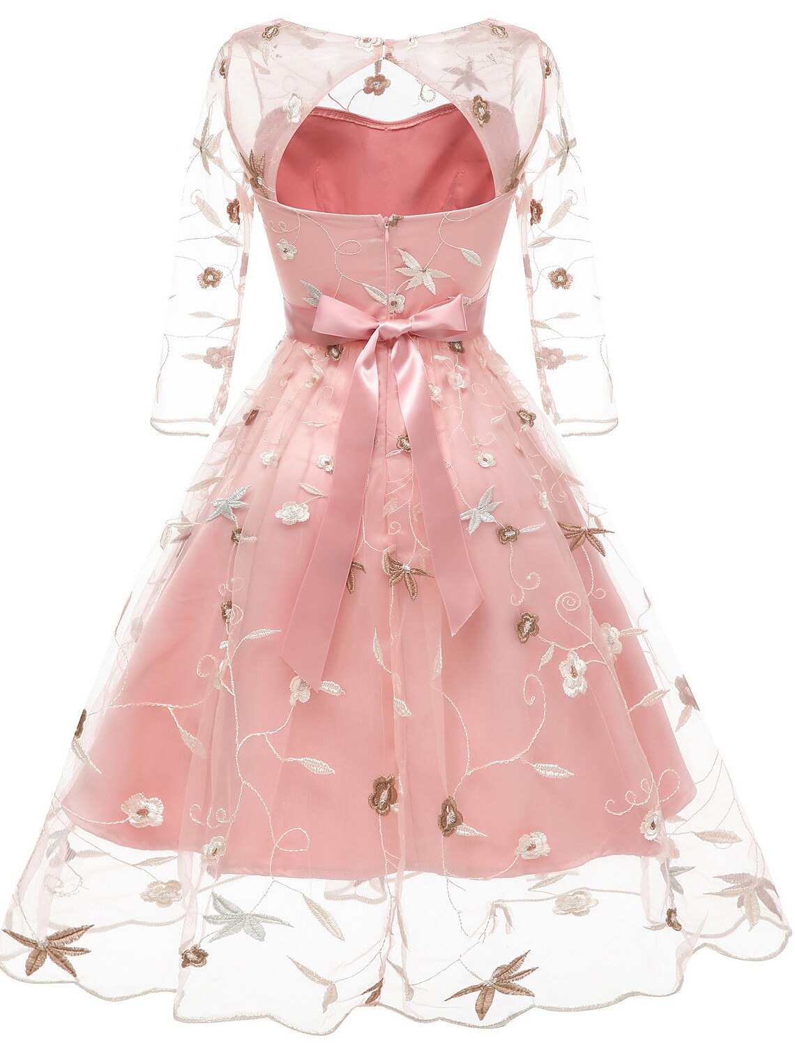 Vestido de cóctel de corte A, floral, para invitados de boda, largo hasta la rodilla, media manga, cuello joya, tul con apliques bordados