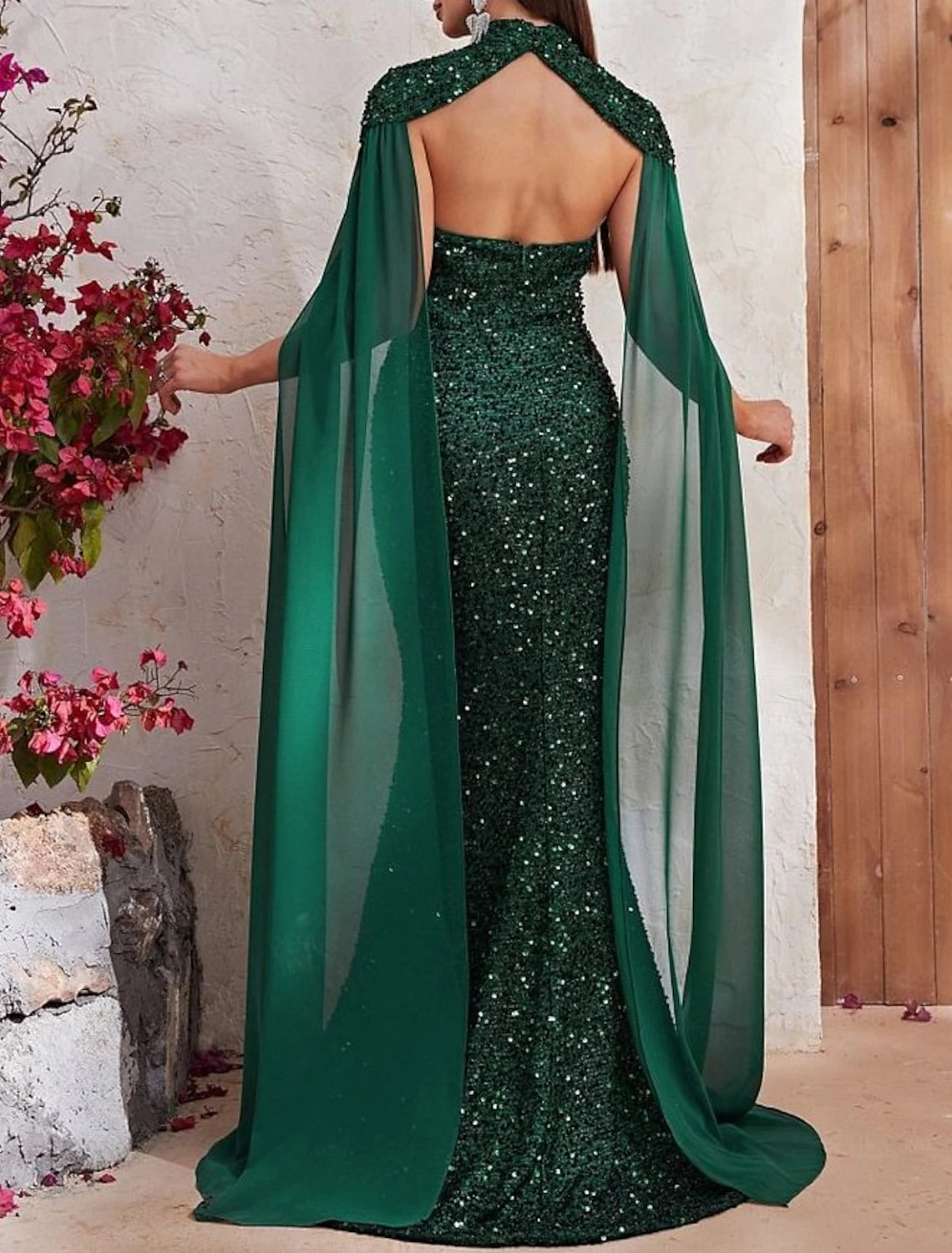 Vestido de noche de sirena/trompeta, sin espalda, formal, para recepción de boda, con cola larga/cepillo, sin mangas, cuello alto, capas con lentejuelas