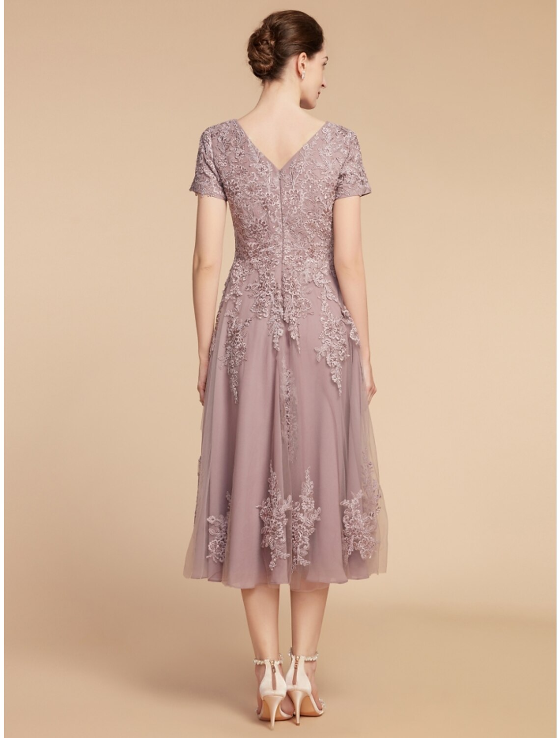 Dusty Rose Lace Tulle A-Line Tea-Length Dress with Lace Bodice and Applique Skirt | Jimiss
