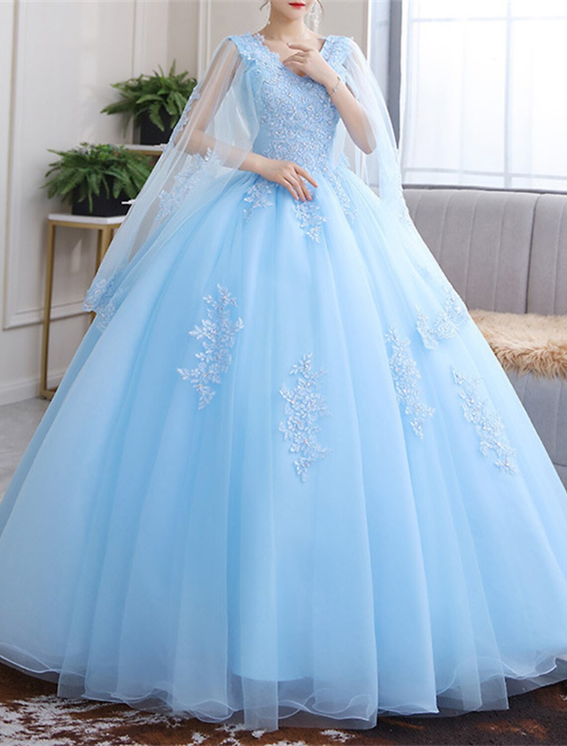 Vestidos de novia de recepción en color Vestidos de novia Vestido de baile Cuello en V Manga larga Hasta el suelo Vestidos de novia de encaje con apliques Verano Otoño Fiesta de bodas