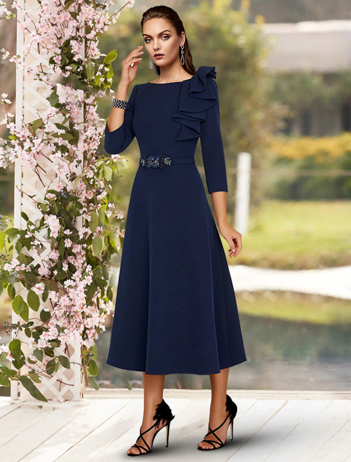 A-Line Mother of the Bride Dress Wedding Guest Elegant Jewel Neck Tea Length  Fabric 3/4 Length Sleeve with Sash / Ribbon Side Draping Fall
