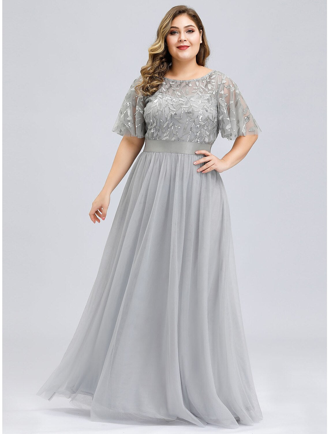 Vestidos de fiesta de corte A, estilo imperio, para invitadas de boda, para graduación, largo hasta el suelo, manga corta, cuello joya, vestido de dama de honor de tul con apliques de lentejuelas