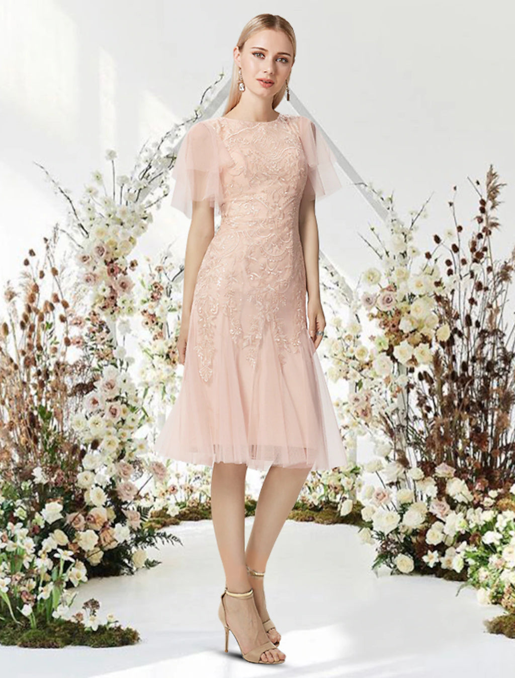 Vestidos de cóctel de corte A, vestido coqueto para graduación, cóctel, fiesta, largo hasta la rodilla, media manga, cuello joya, encaje con apliques