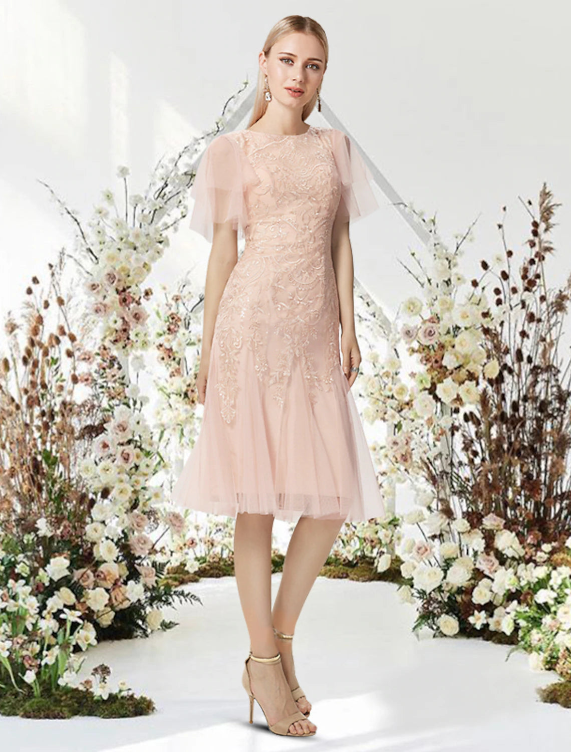 Vestidos de cóctel de corte A, vestido coqueto para graduación, cóctel, fiesta, largo hasta la rodilla, media manga, cuello joya, encaje con apliques