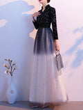 Vestido de noche formal elegante con corte en A y brillantes, estilo reina Ana, manga larga, largo hasta el suelo, de tul con lentejuelas, 2025