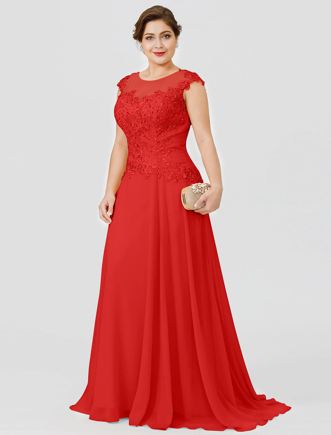 Abito da cerimonia per la madre della sposa, elegante, in stile a trapezio, con scollo a V, in chiffon, con perline e pizzo, a maniche corte, senza fiocco/fiocco/i e pieghe.