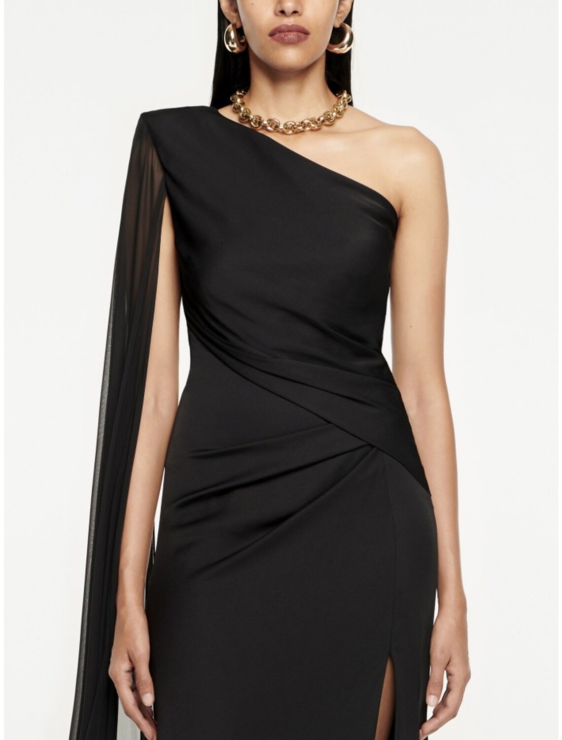 Abito da sera a trapezio, elegante, formale, con strascico a spazzola, nero, senza maniche, monospalla, in seta sintetica, con pieghe e spacco arricciato