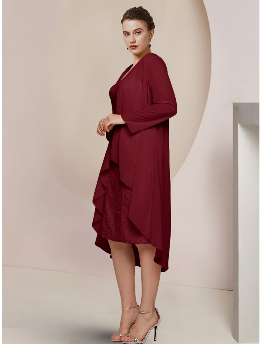 Burgundy Chiffon A-Line Asymmetrical Dress with Square Neck, Lace High-Low Hem & Flowing Overlay