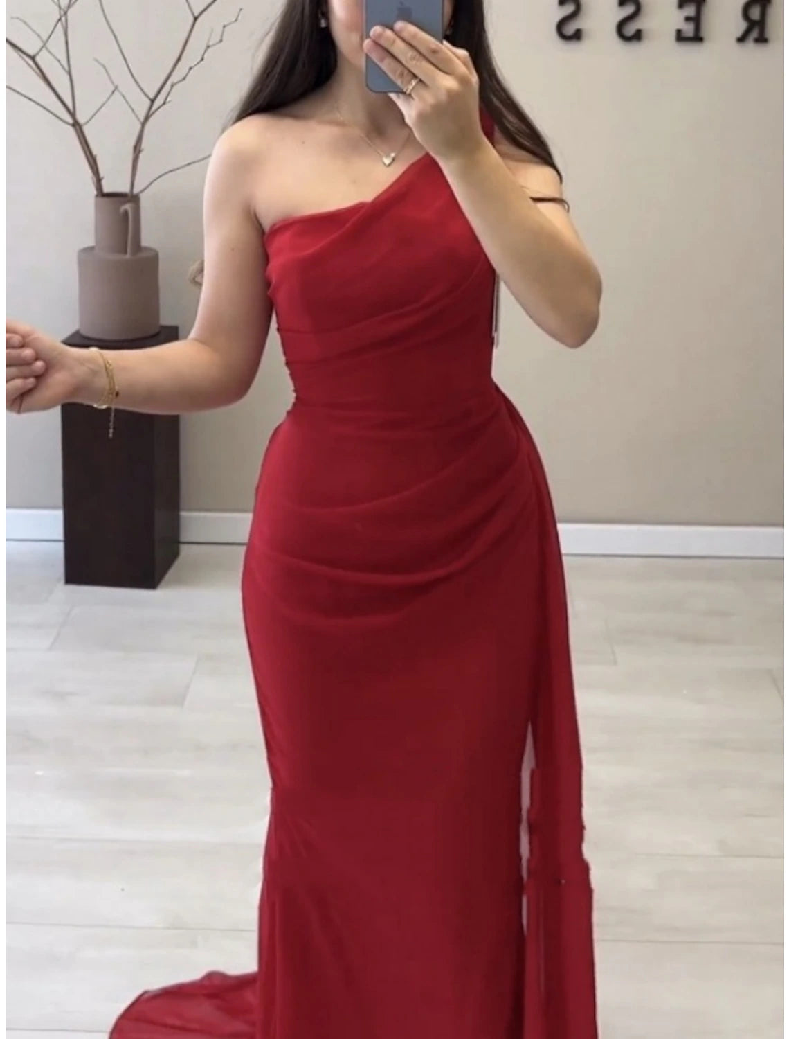 Red Chiffon One Shoulder Sheath/column Floor-Length Evening Dress with High Slit
