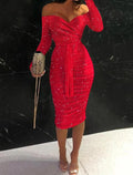 Red Glitter Off-the-Shoulder Sheath Knee-Length Dress