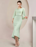 Mint Green Satin Mermaid Midi Dress with Boat Neck & Beaded Waist