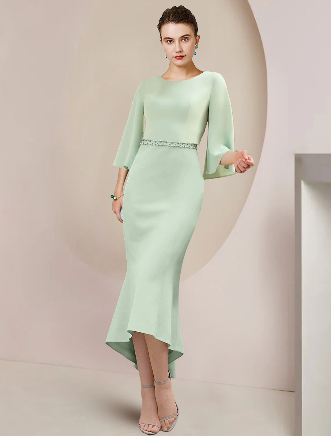 Mint Green Satin Mermaid Midi Dress with Boat Neck & Beaded Waist