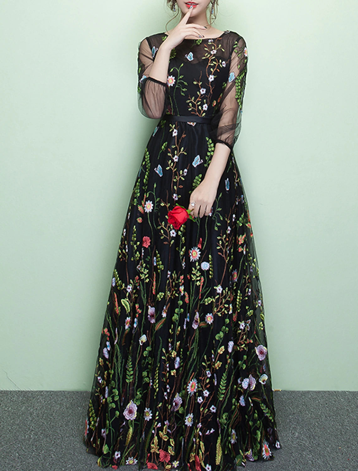 Abiti da ballo a trapezio, abiti floreali, abiti da festa, abiti da ospite di nozze, lunghezza al pavimento, maniche a 3/4, scollo gioiello, pizzo con ricamo