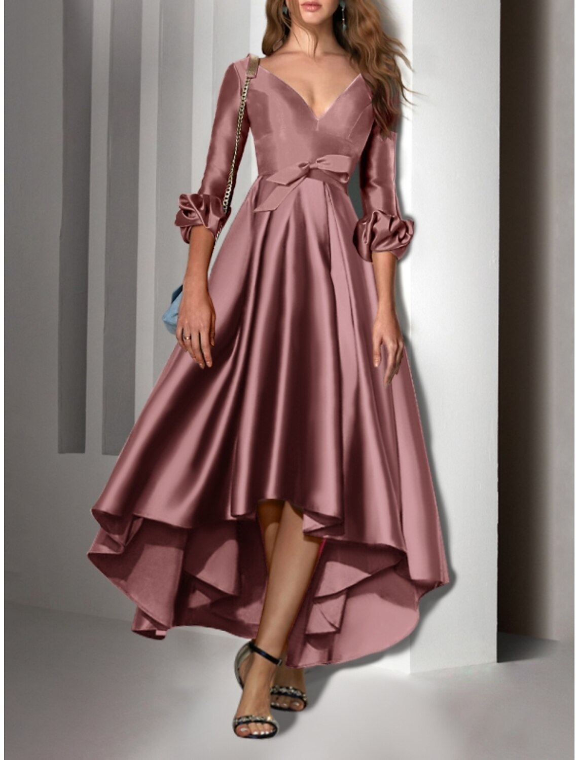 A-Line Cocktail Dresses Party Dress Wedding Guest Birthday Asymmetrical 3/4 Length Sleeve V Neck Satin with Bow(s) Pleats 2025