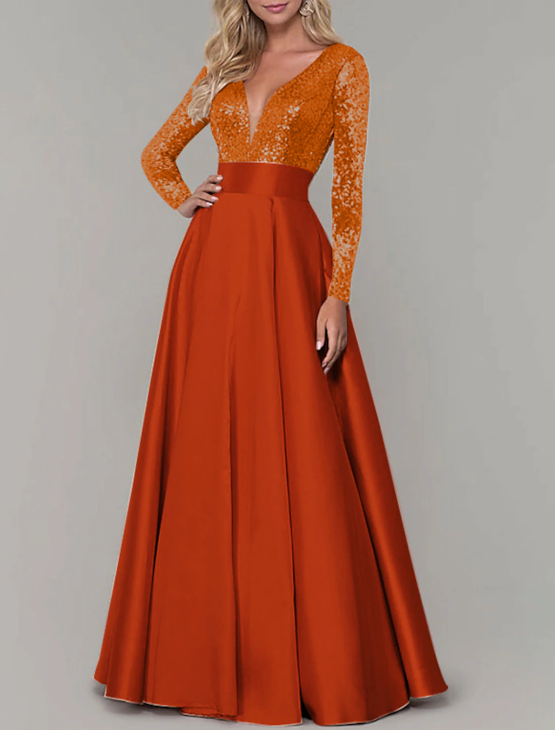 Orange Sequin Satin A-Line V-Neck Floor-Length Dress with Back Zip & Sequin Bodice