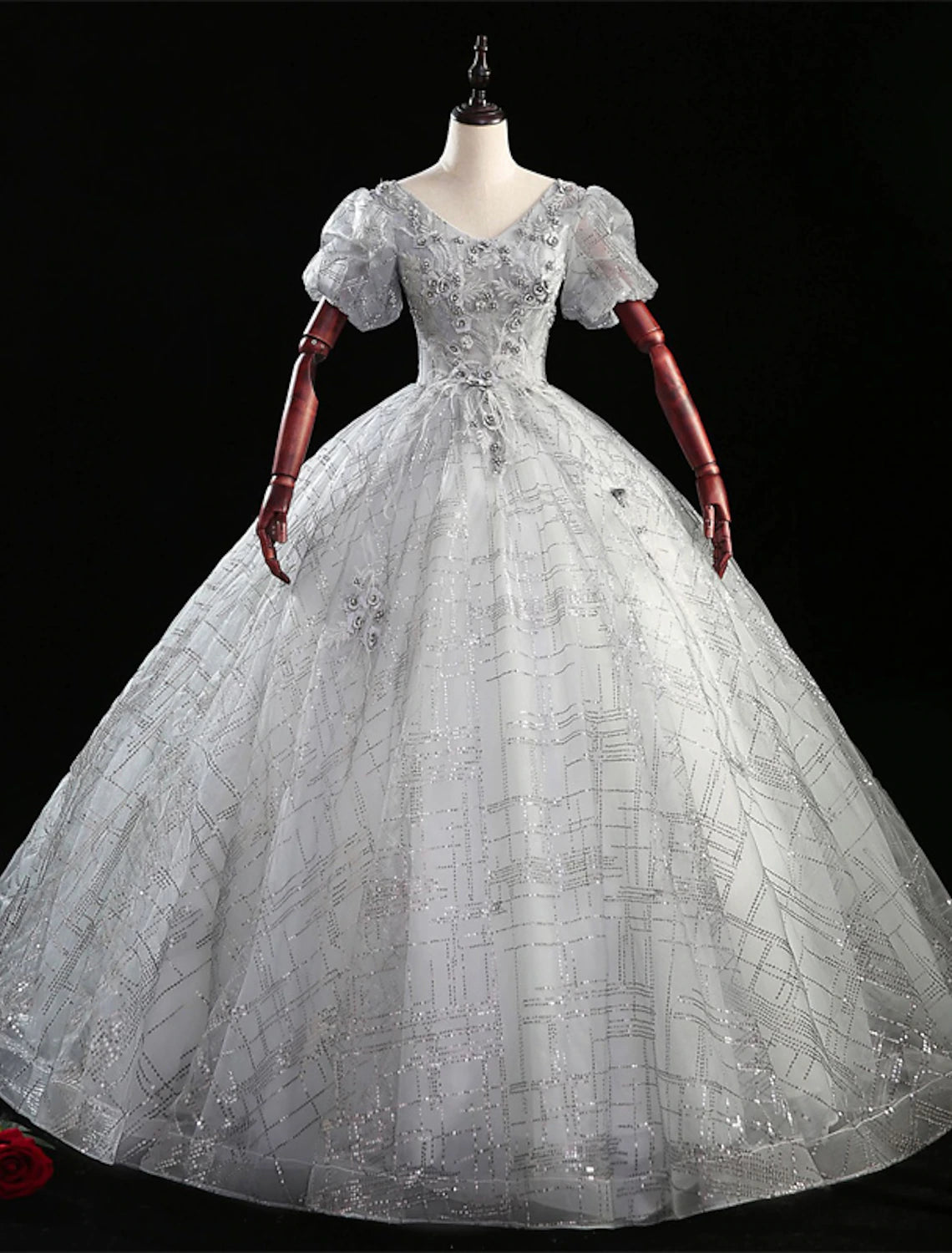 Silver Glitter Tulle V-Neck Ball Gown Floor-Length Evening Dress with Floral Bodice