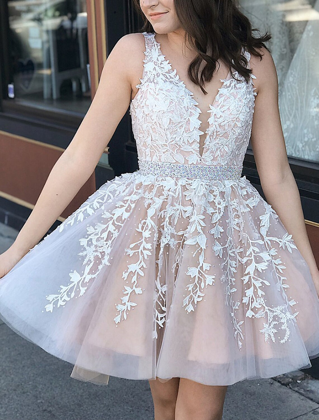 Blushing Pink Lace A-Line V-Neck Short Dress with Beaded Waistband