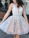 Blushing Pink Lace A-Line V-Neck Short Dress with Beaded Waistband