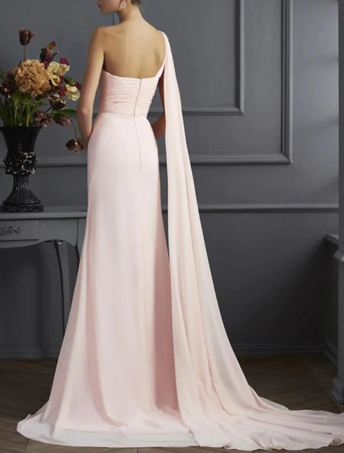 Abiti da sposa a trapezio, abiti floreali, da sera, formali, da festa, con strascico, senza maniche, monospalla, in chiffon con applicazioni
