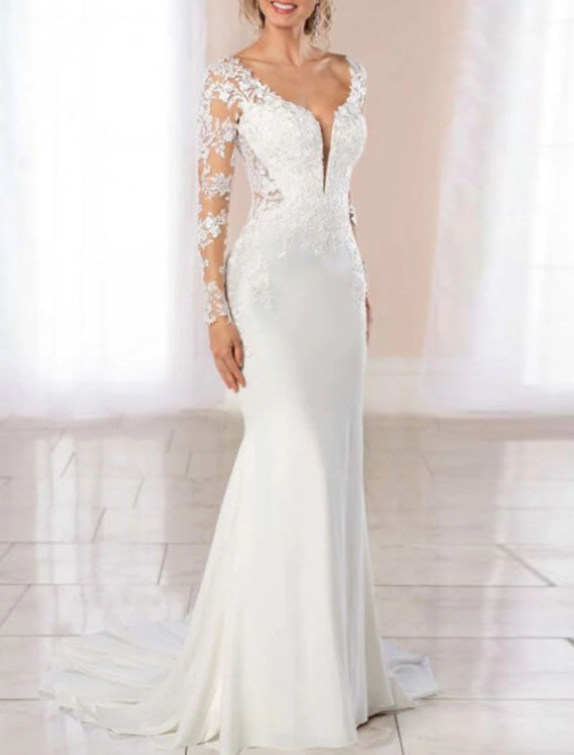 Ivory Crepe Mermaid Wedding Dress with V-Neck and Lace Illusion Sleeves