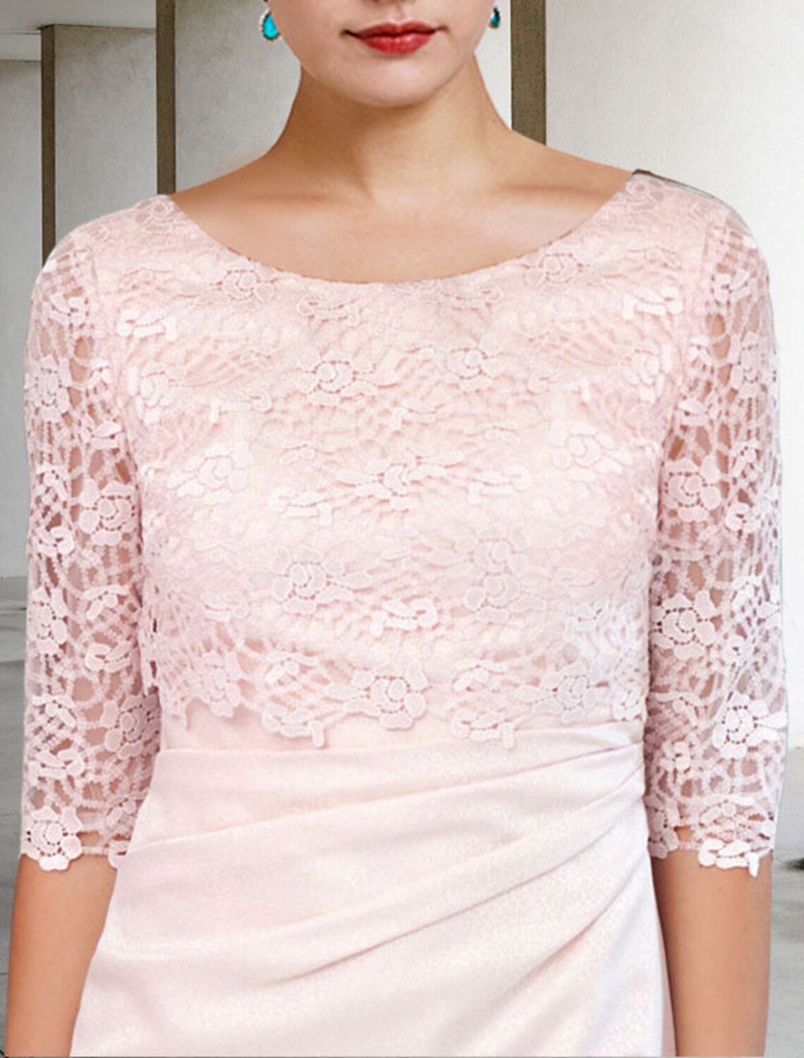 Vestido de Madre de la Novia de Dos Piezas, Estilo Tubo/Columna, Elegante, de Invierno, con Chaqueta, Media Manga, Escote Redondo, Largo hasta la Rodilla, Satén, Encaje, Drapeado Lateral