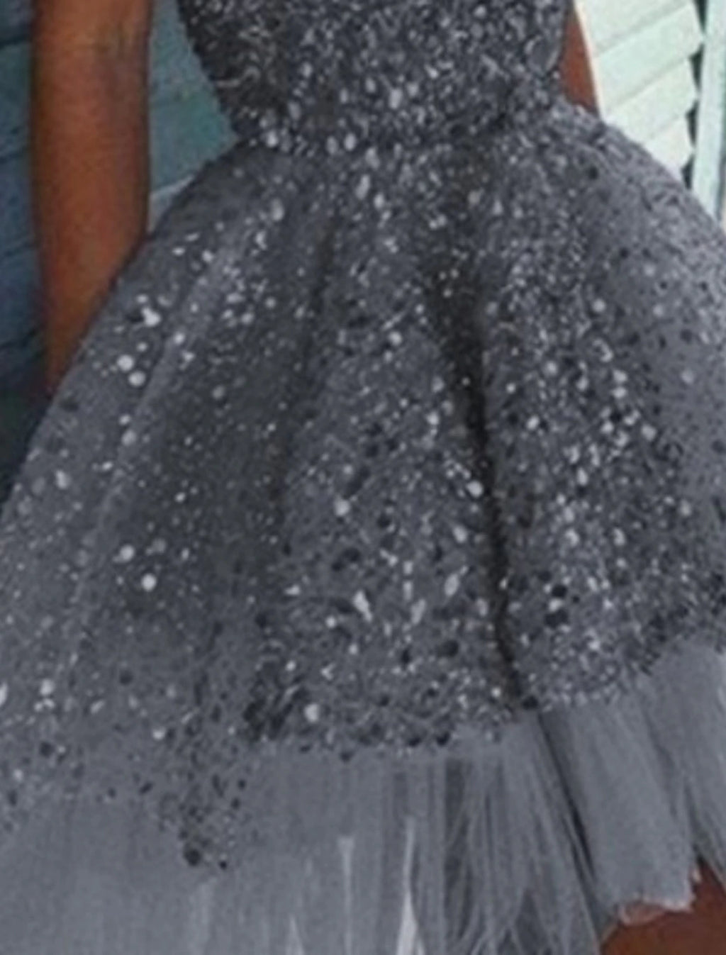 Grey Sequin Short A-Line Evening Dress - Straight Neck